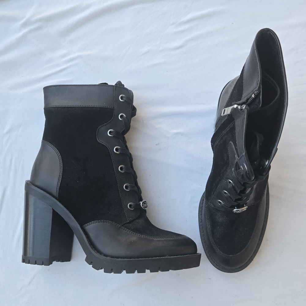 Coach Hedy Black Leather And Suede Heeled Combat Boots